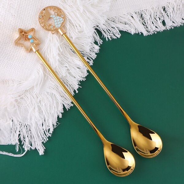 

2pcs Star & Fish Tail Spoon, Gold