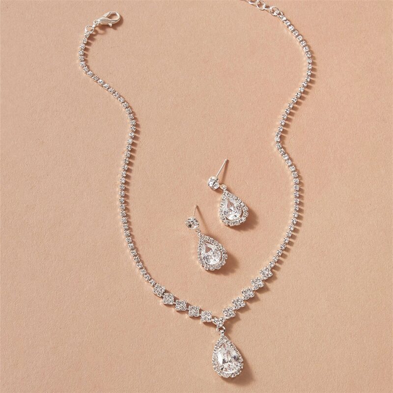 

1pc Rhinestone Necklace & 1pair Drop Earrings, Silver