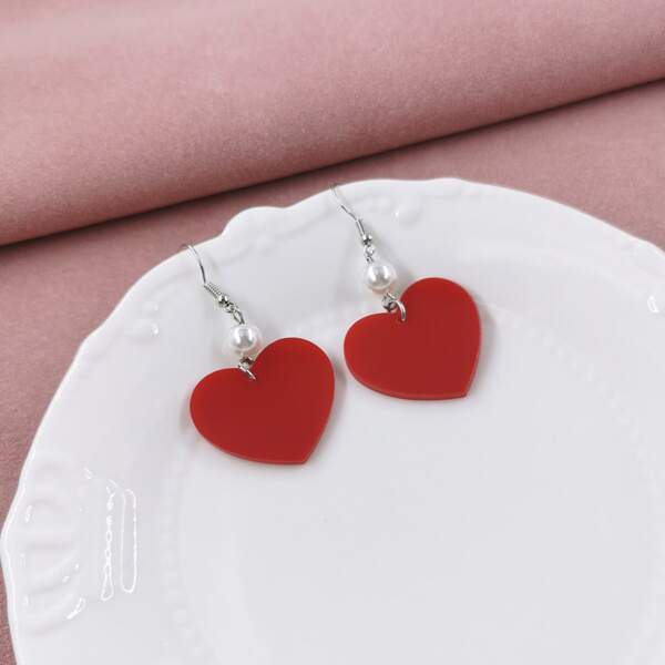 

Heart Decor Drop Earrings, Red