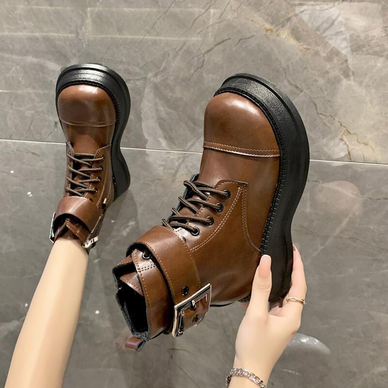

Buckle Decor Lace-up Front Boots, Brown