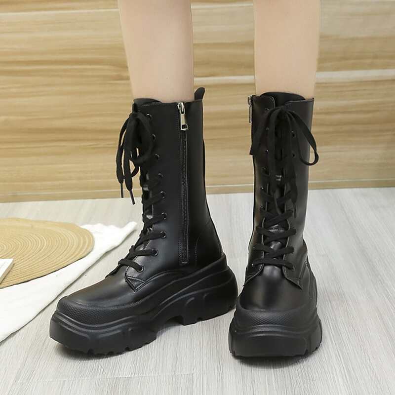 

Side Zipper Lace-up Front Boots, Black