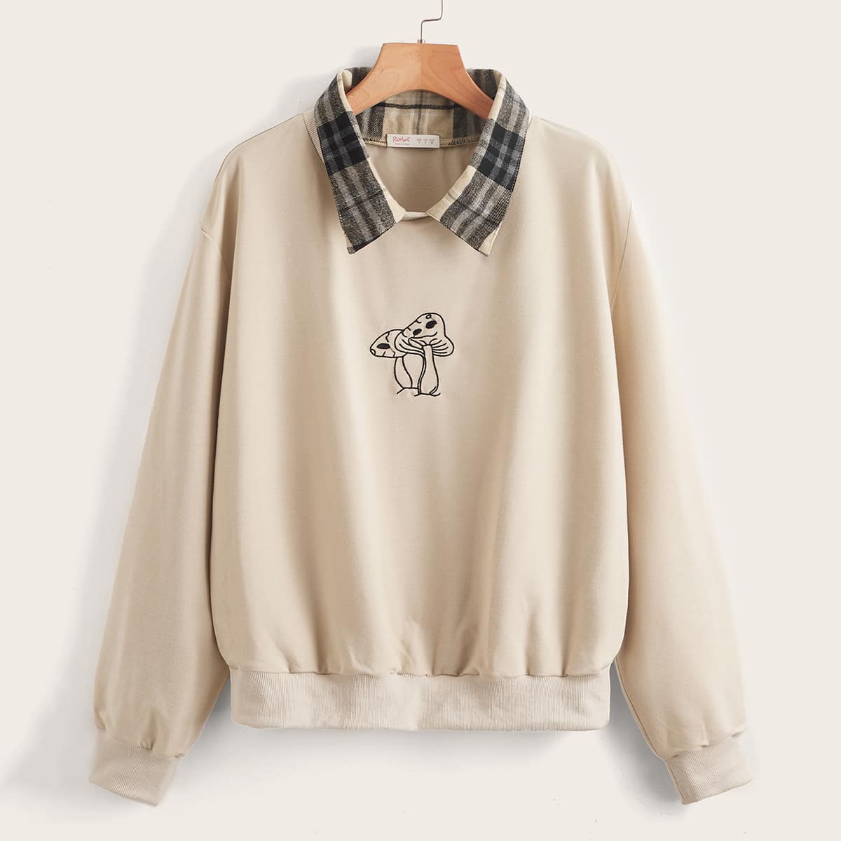 

Contrast Plaid-Collar Mushroom Embroidery Sweatshirt, Apricot