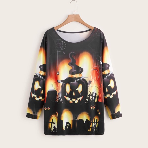 

Plus Halloween Pumpkin And Spiderweb Print Tee, Multicolor