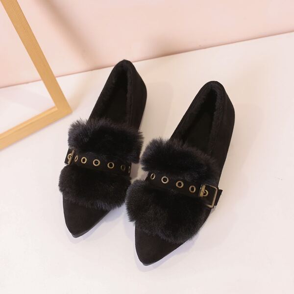 

Buckle Decor Plush Inside Flats, Black