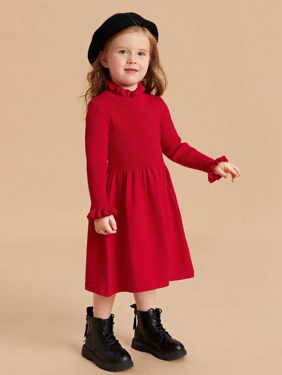 SHEIN Toddler Girls Ruffle Neck Flounce Sleeve Jumper Dress - Red - View 1