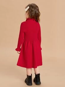 SHEIN Toddler Girls Ruffle Neck Flounce Sleeve Jumper Dress - Red - View 2