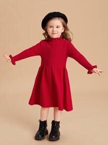 SHEIN Toddler Girls Ruffle Neck Flounce Sleeve Jumper Dress - Red - View 3