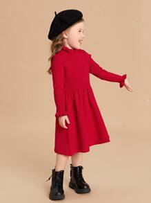 SHEIN Toddler Girls Ruffle Neck Flounce Sleeve Jumper Dress - Red - View 4