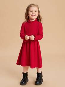 SHEIN Toddler Girls Ruffle Neck Flounce Sleeve Jumper Dress - Red - View 6