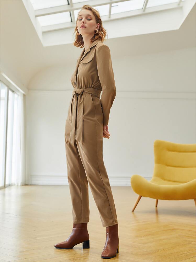 SHEIN Unity ラペルネック フラップ詳細 ベルト ジャンプスーツ