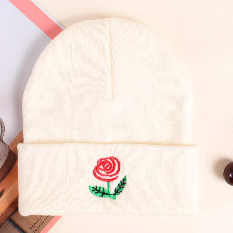

Flower Embroidery Beanie, Beige