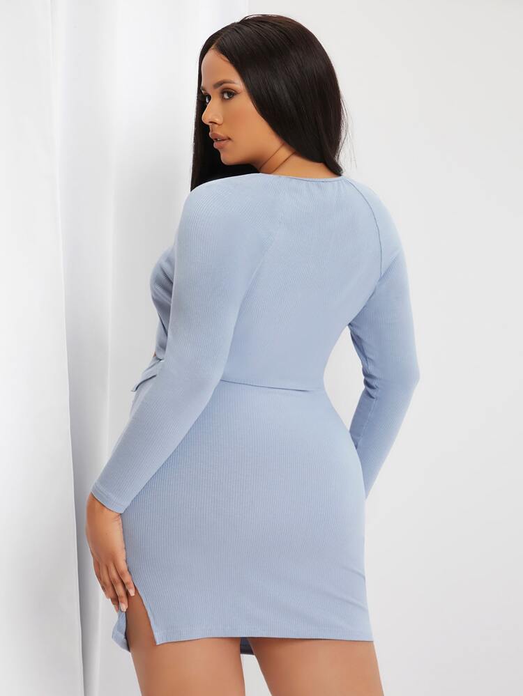 Plus Notched Neck Ribbed Knit Raglan Sleeve Crop Top & Skirt