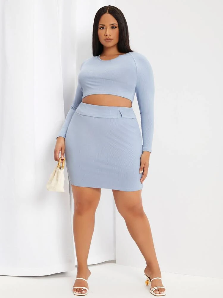 Plus Notched Neck Ribbed Knit Raglan Sleeve Crop Top & Skirt