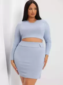 SHEIN Essnce Plus Notched Neck Ribbed Knit Raglan Sleeve Crop Top & Skirt - Baby Blue - View 1
