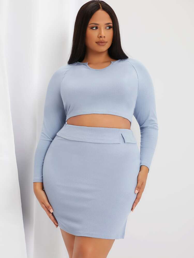 Plus Notched Neck Ribbed Knit Raglan Sleeve Crop Top & Skirt