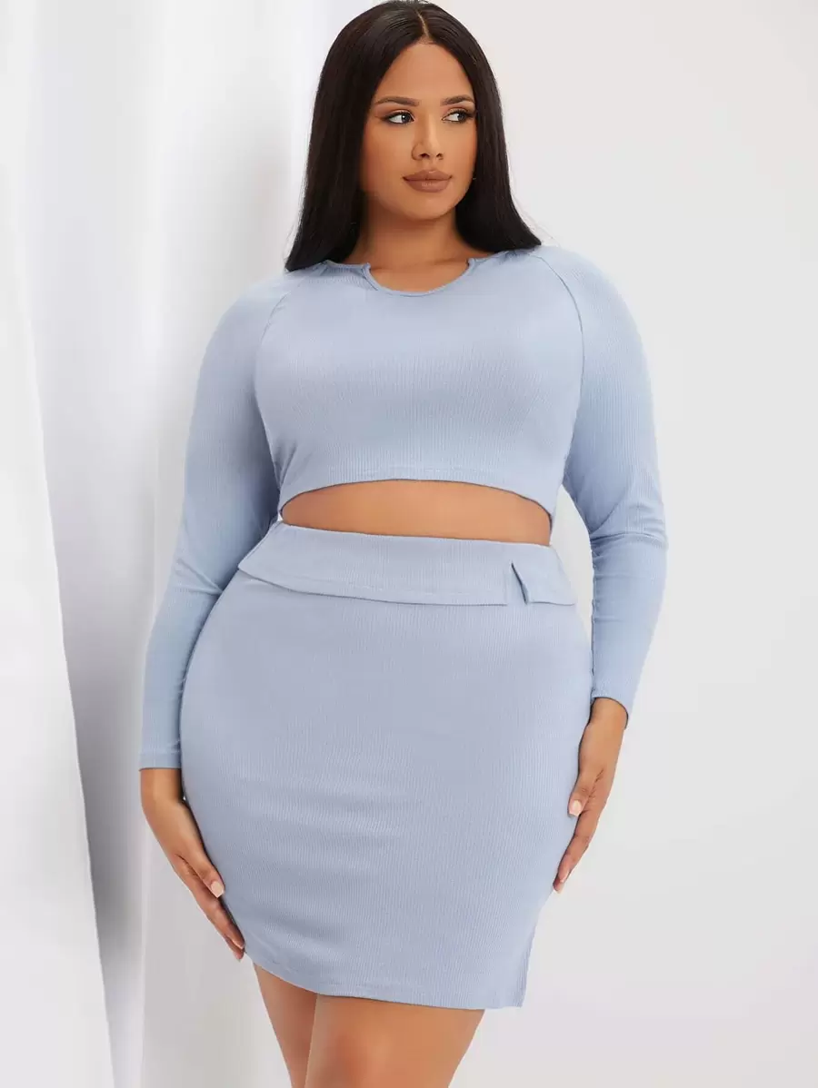 SHEIN Essnce Plus Notched Neck Ribbed Knit Raglan Sleeve Crop Top & Skirt - Baby Blue - View 1