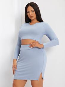 SHEIN Essnce Plus Notched Neck Ribbed Knit Raglan Sleeve Crop Top & Skirt - Baby Blue - View 3