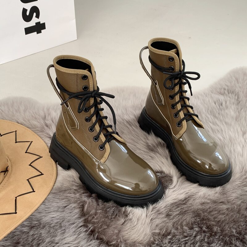 

Patent Leather Lace-up Front Boots, Green