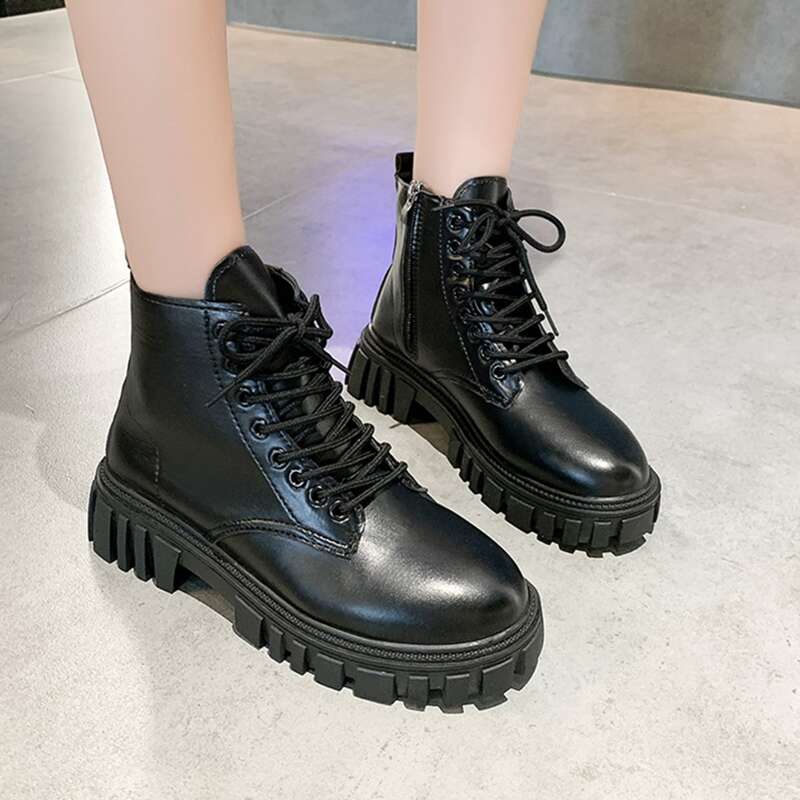 

Lace-up Front Lug Sole Boots, Black