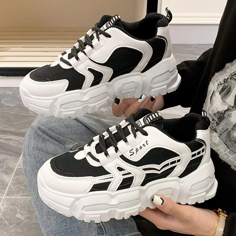 

Lace-up Front Mesh Panel Chunky Sneakers, Black