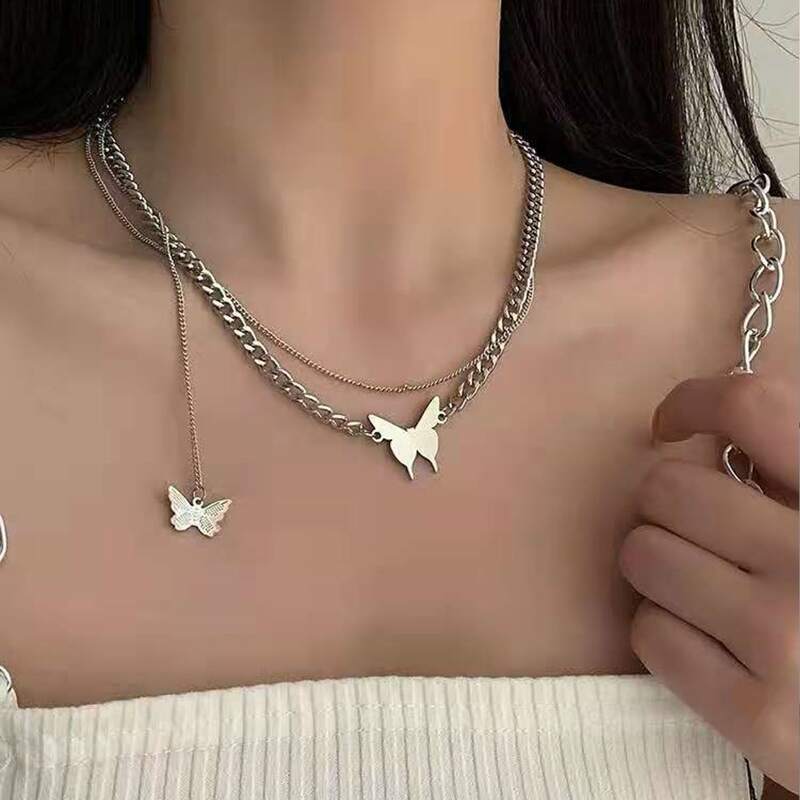 

Butterfly Decor Layered Chain Necklace, Silver