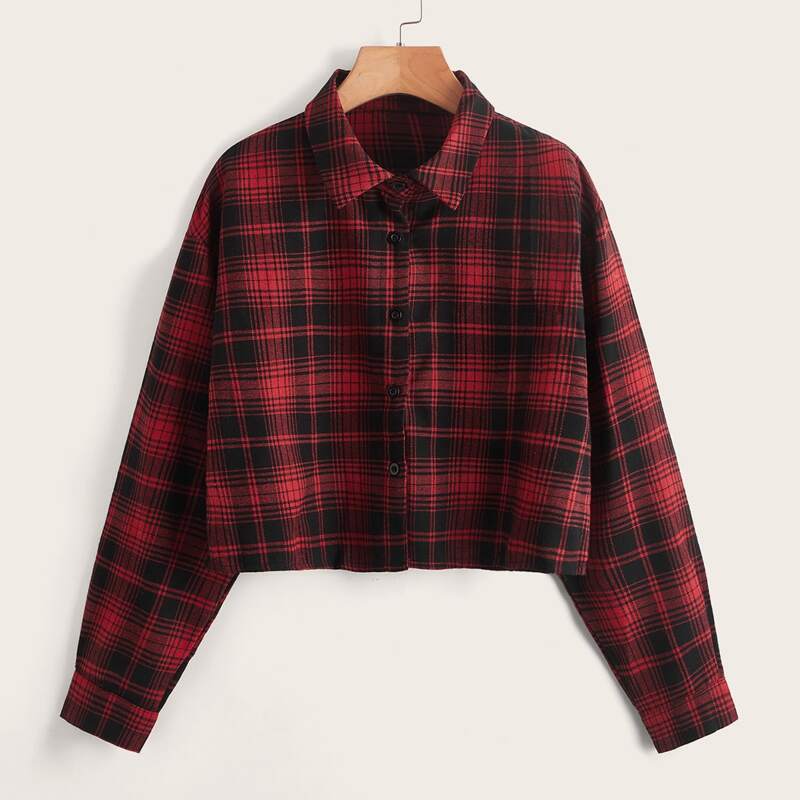

Plaid Button Front Crop Blouse, Multicolor