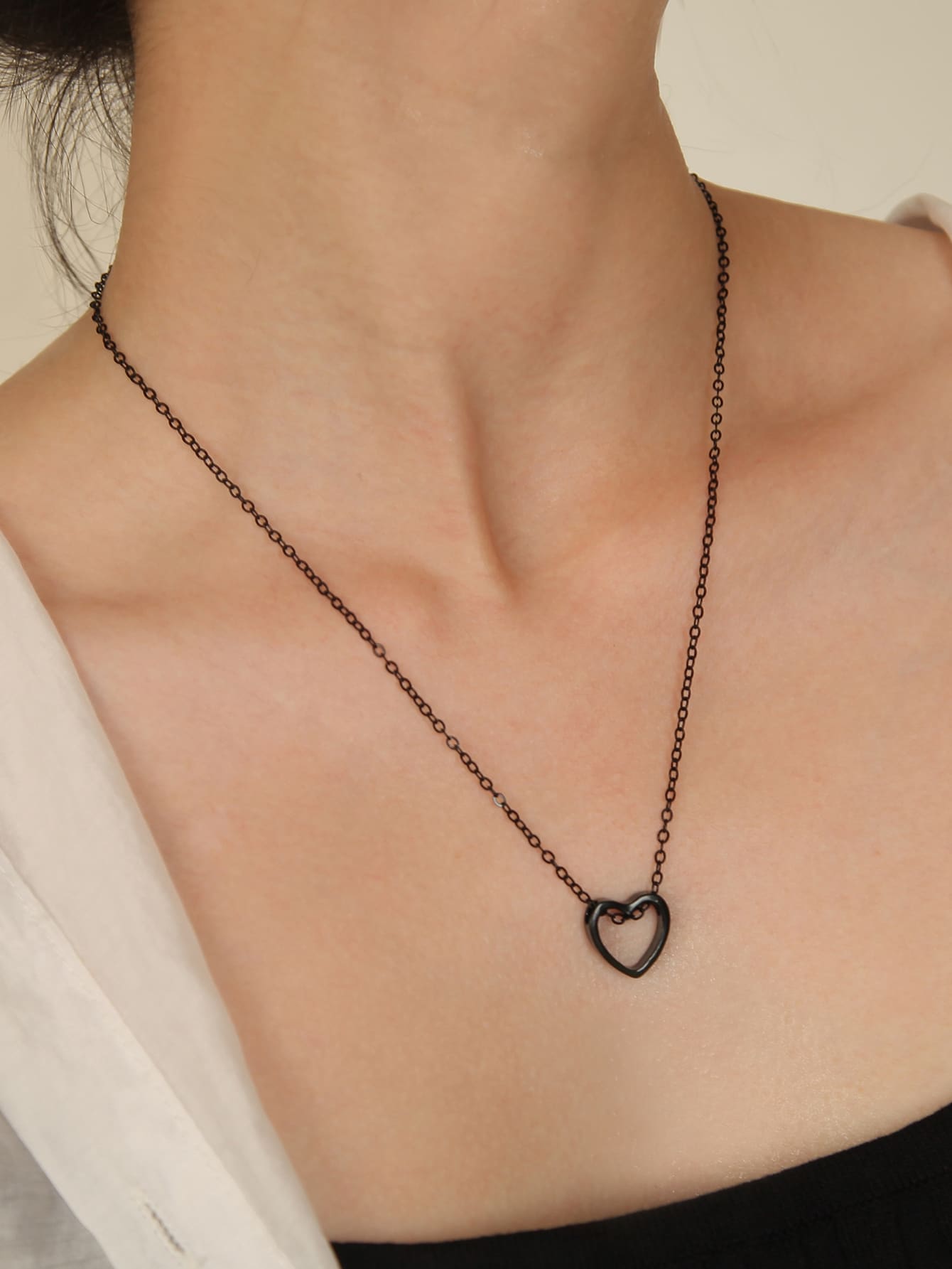Hollow Out Heart Charm Necklace - Black - View 1