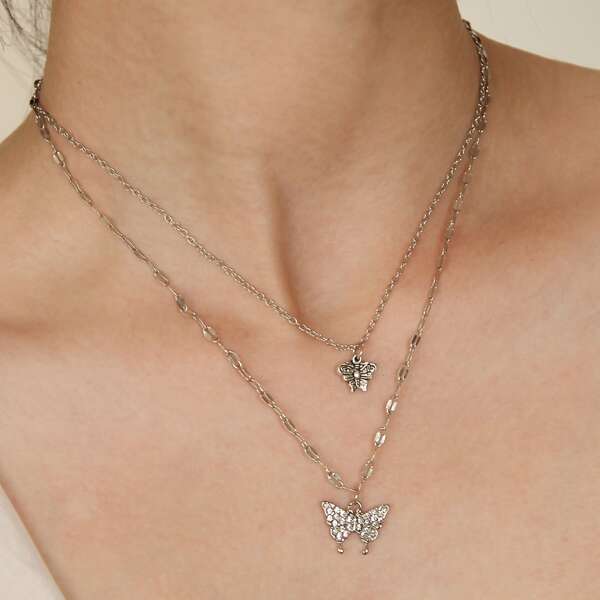 

Butterfly Decor Layered Necklace, Silver