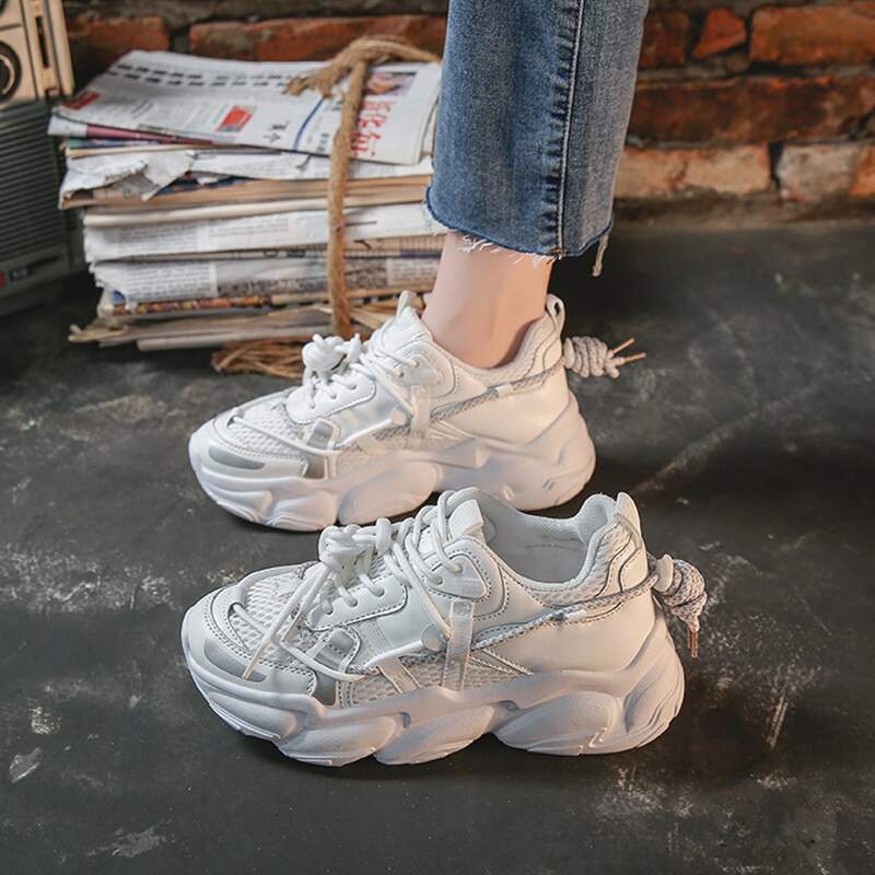 

Lace-up Decor Mesh Panel Chunky Sneakers, White
