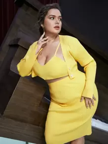 SHEIN Unity Top de tirantes tejido de canalé & falda con cárdigan