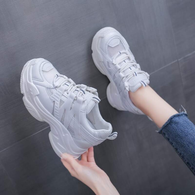 

Lace-up Front Mesh Panel Chunky Sneakers, White