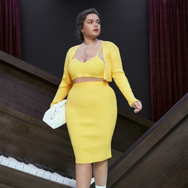 

Plus Cami Rib-knit Top & Skirt Set With Cardigan, Yellow