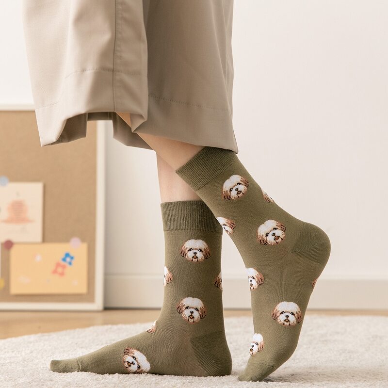 

Dog Print Crew Socks, Camel