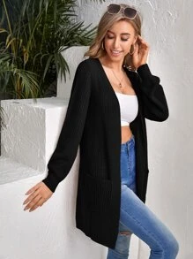 EURMUSE Open Front Patch Pocket Cardigan - Black - View 1