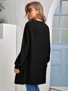 EURMUSE Open Front Patch Pocket Cardigan - Black - View 2