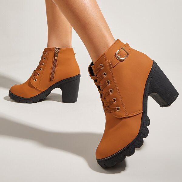 

Lace-up Front Side Zipper Chunky Booties, Brown