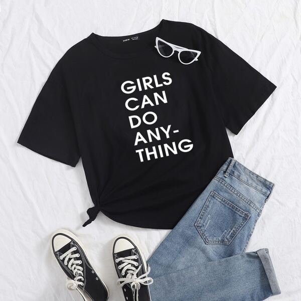 

Slogan Print Drop Shoulder Tee, Black