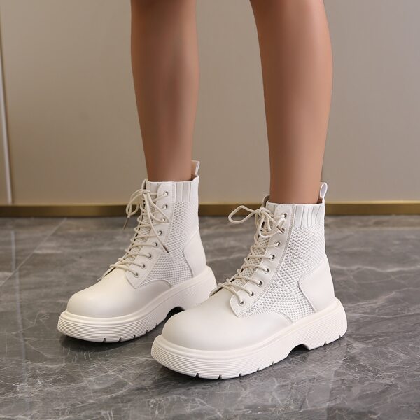 

Minimalist Knit Lace Up Front Boots, Beige