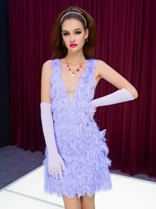 SHEIN Tie Back Fluffy Knit Tank Dress - Lilac Purple - View 3