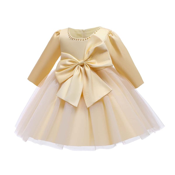 

Toddler Girls Pearl Beaded Big Bow Mesh Hem Gown Dress, Khaki
