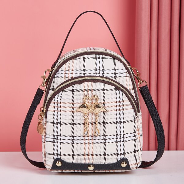 

Metal Decor Plaid Pattern Curved Top Classic Backpack, Black and white
