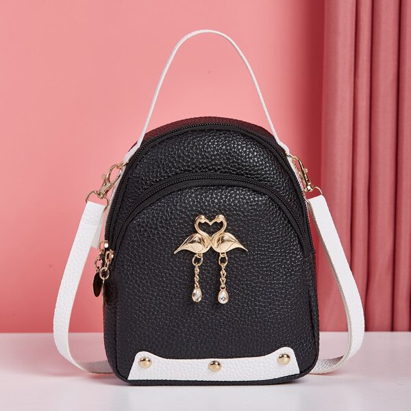 

Metal Decor Plaid Pattern Curved Top Classic Backpack, Black