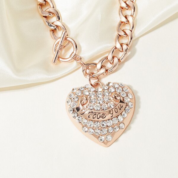 

Rhinestone Heart Charm Necklace, Gold