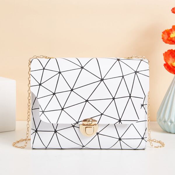 

Twist Lock Geometric Pattern Flap Square Bag, Black and white