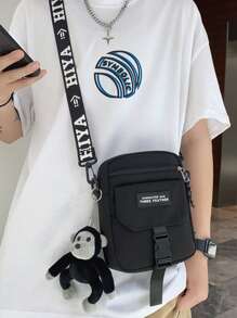 High School Students University Freshman multifunctional sling bag shoulder bag casual bag Mini Men Doll Decor Letter Patch Crossbody Bag, Gift For Father, Handbag Schoolbag For Travel,College,Commute - Black - View 1