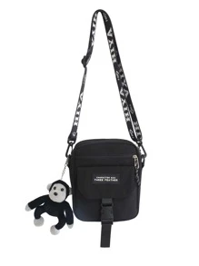 High School Students University Freshman multifunctional sling bag shoulder bag casual bag Mini Men Doll Decor Letter Patch Crossbody Bag, Gift For Father, Handbag Schoolbag For Travel,College,Commute - Black - View 2