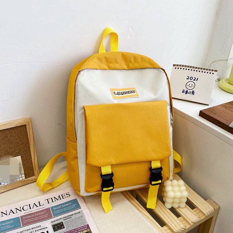 

Two Tone Buckle Decor Backpack, Yellow