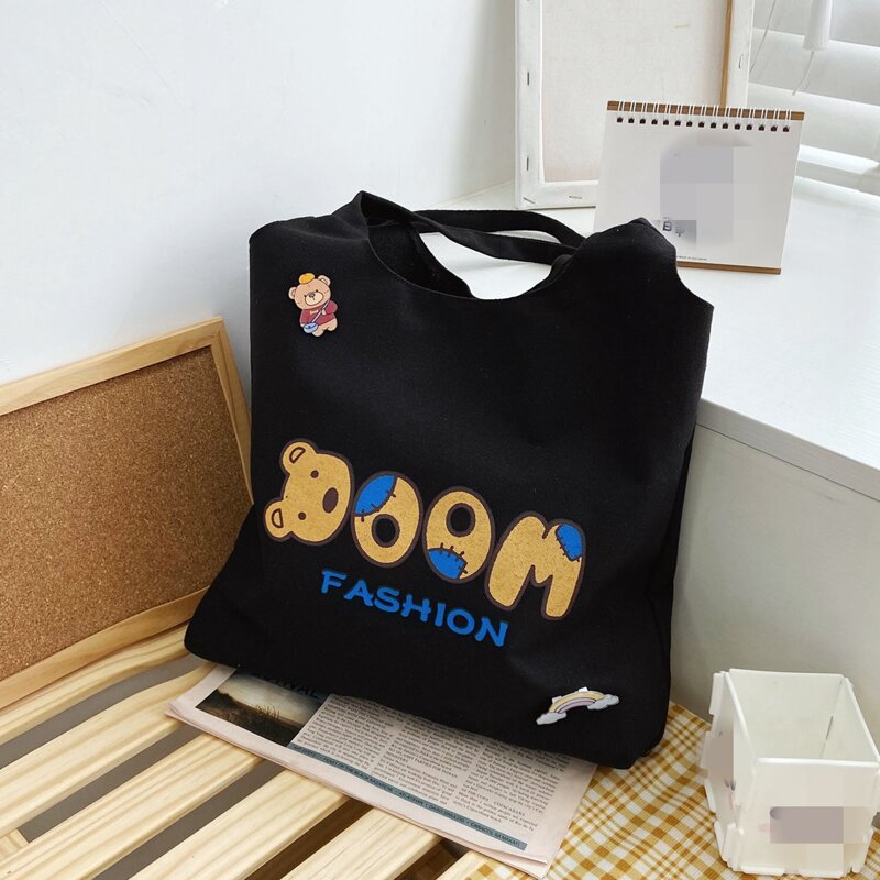 

Cartoon Bear Print Tote Bag, Black