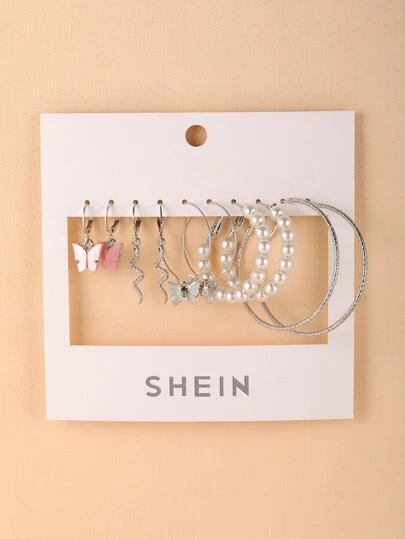 5 пар Серьги с искусственным жемчугом & с бабочкой - Топ-100 товаров на SHEIN