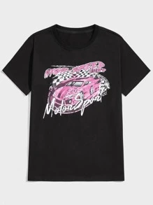 ROMWE MEN Street Life Các bạn Áo thun Bông Lá thư Đồ họa Ô tô - màu đen - Xem 1